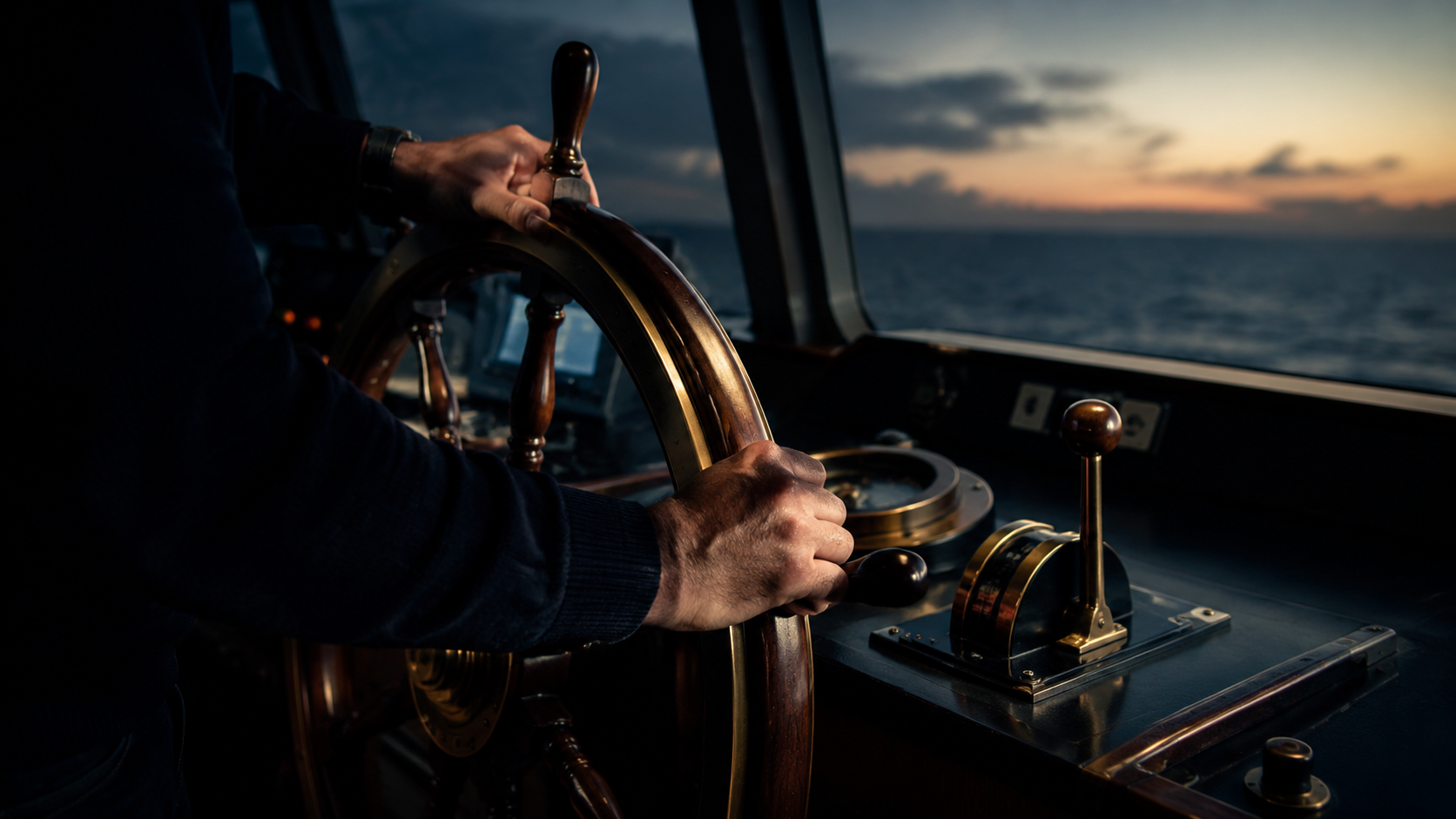 A captain's hands on a wooden ship's wheel in the wheelhouse at dusk, open sea ahead