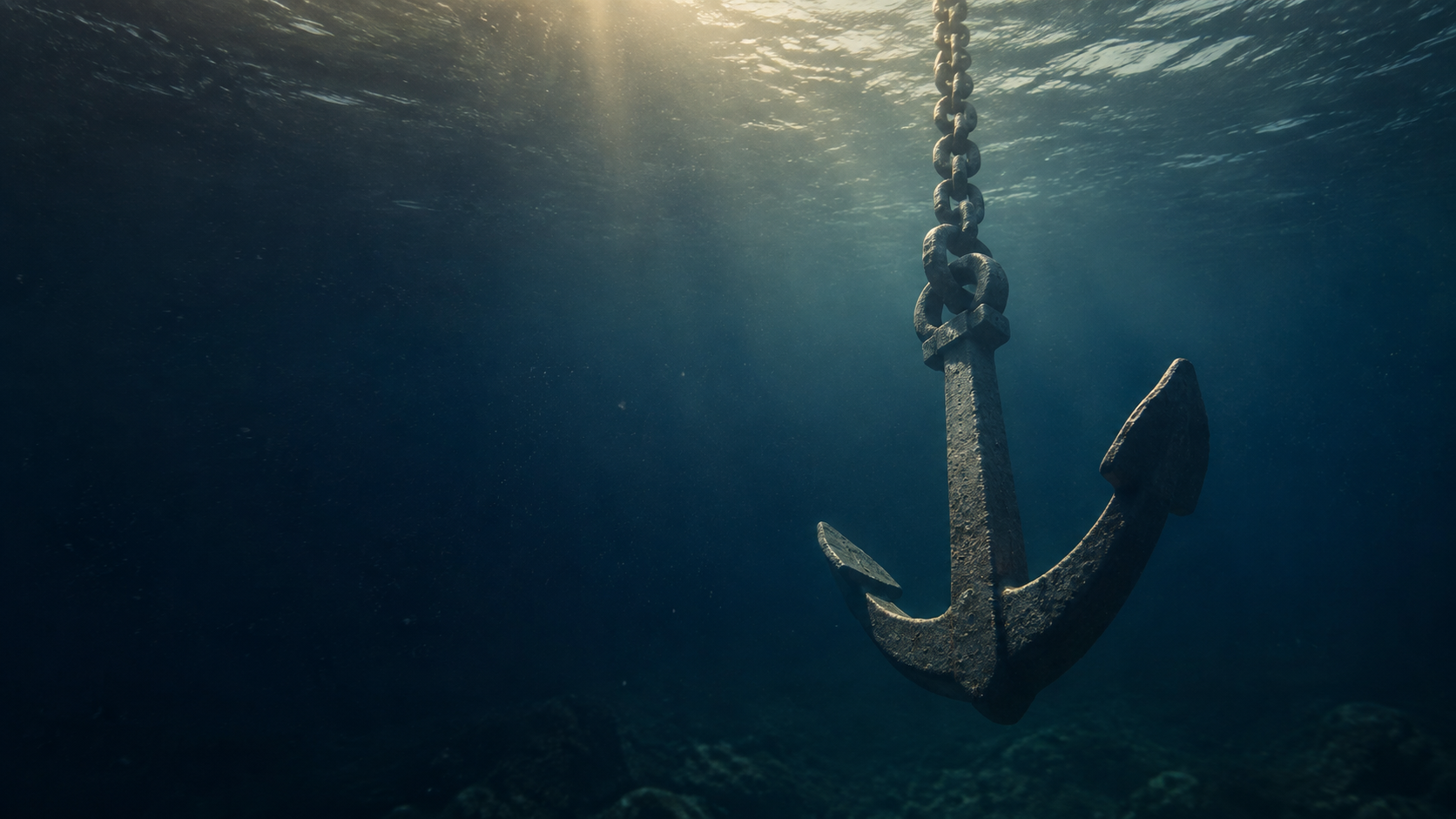 A heavy anchor hanging on its chain below the surface, light falling through the water