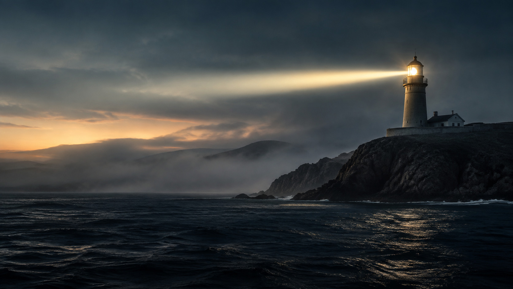 A lighthouse on a headland throwing its beam across fog and dark water at dusk
