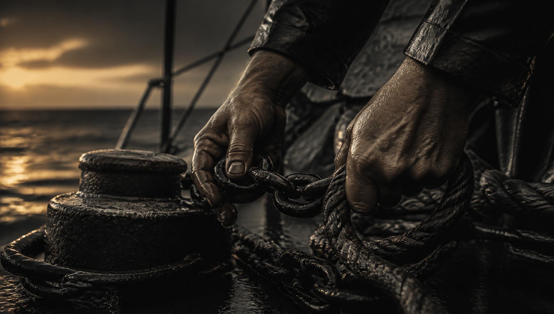 Weathered hands securing a heavy anchor chain and rope on a wet deck