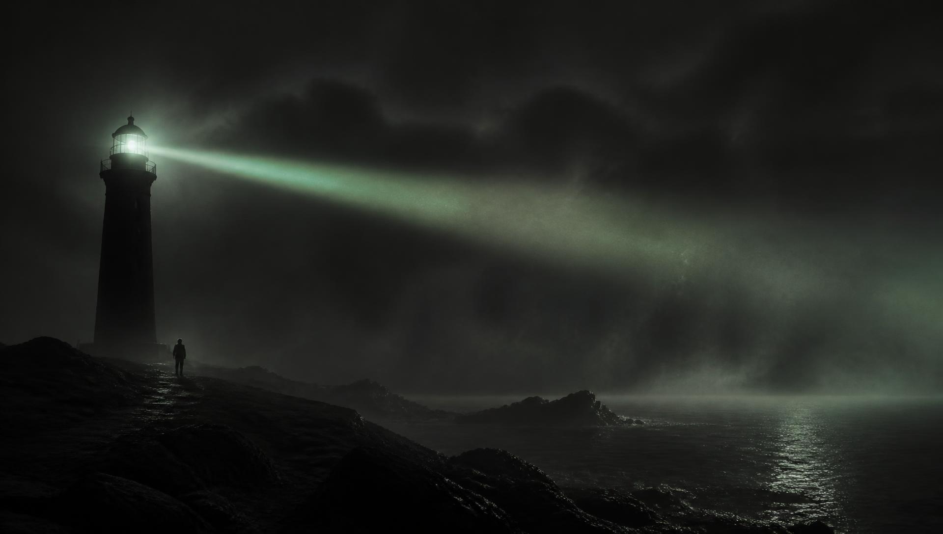 A lone figure below a lighthouse throwing its beam across the fog