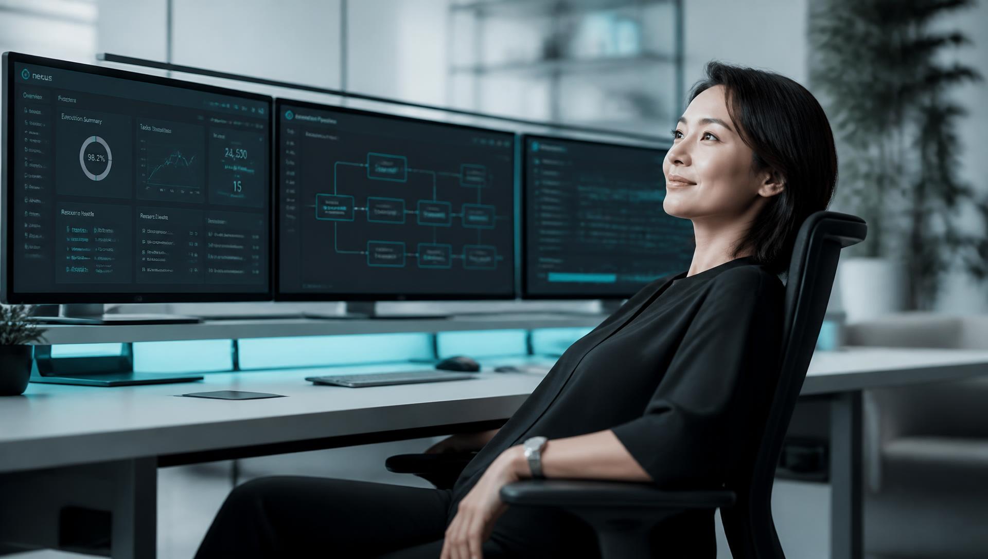 An operator leaning back at a clean multi-screen desk while the systems run themselves