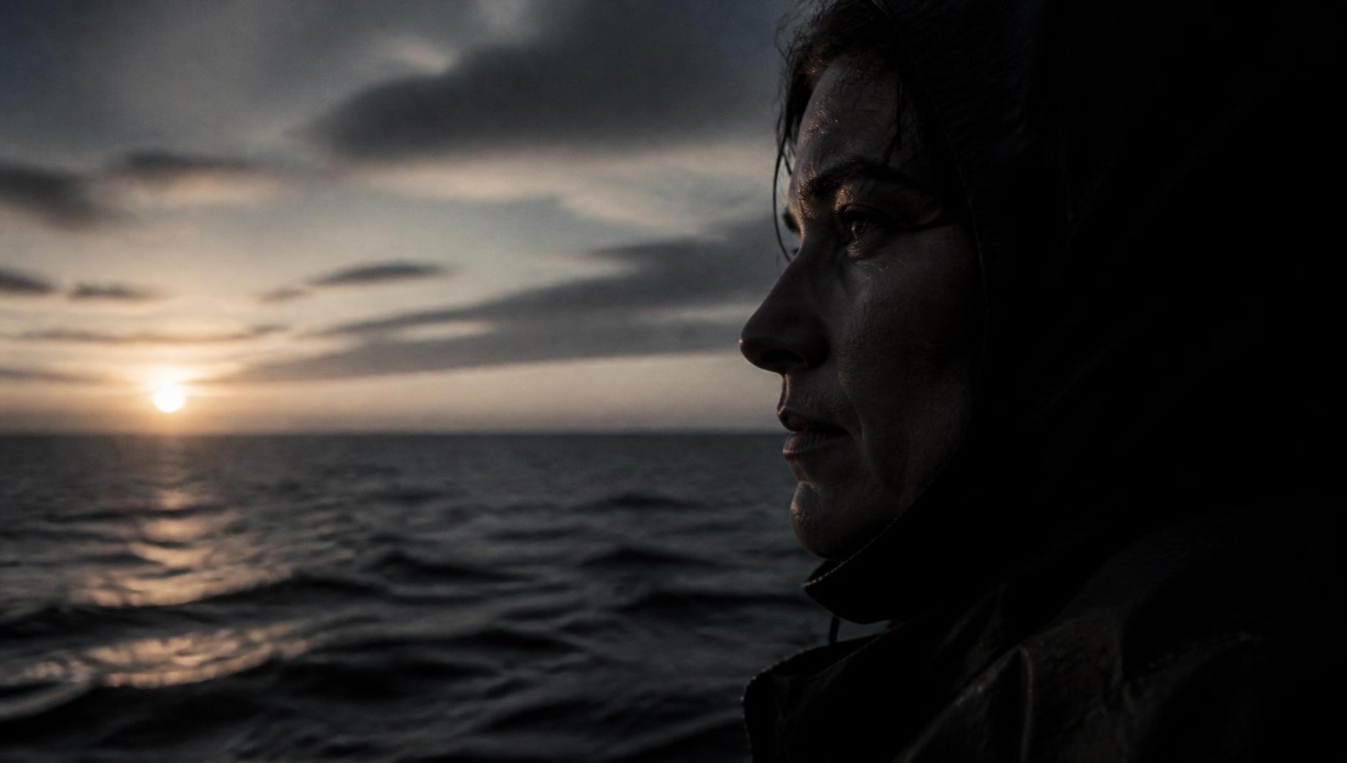 A weathered face in profile at sea, eyes fixed on the horizon at dawn