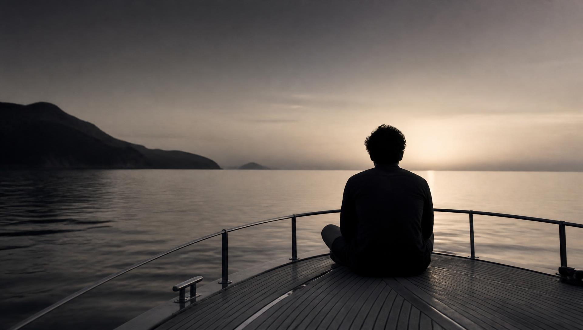 A person seated alone on the bow of a boat at dawn, facing the light