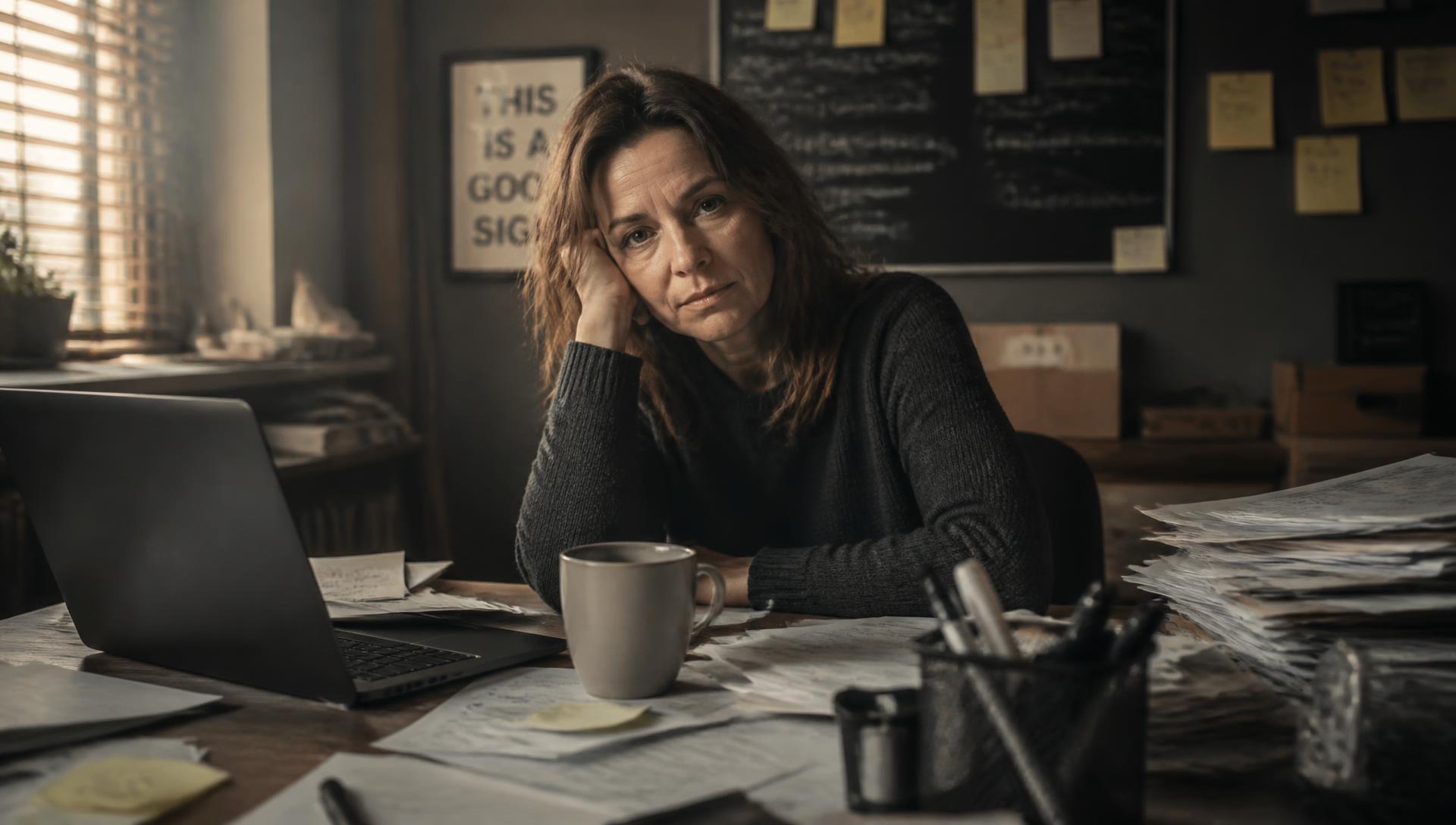 A business owner alone at a desk buried in paperwork in early morning light